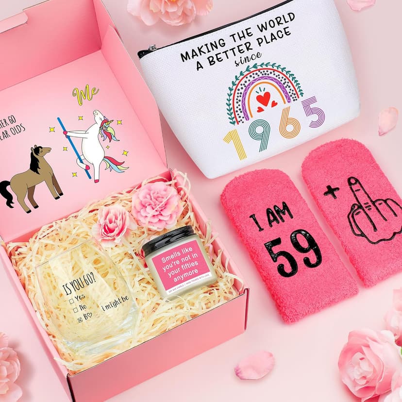 60th Birthday Gifts for Women Funny 60 Year Old Birthday Gifts for Women Turning 60 Gift for Woman Happy 60th Bday Decorations for Woman Mom Her - Wine Glass Makeup Bag Candle Socks