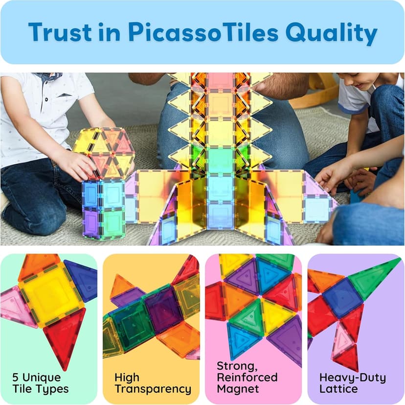 No-limit scalable builds, hands-on magnet polarity fun, family group play, quick assemble & store, shape & color recognition PicassoTiles 100 Piece Magnetic Tiles, Clear 3D Building Blocks for Kids 3+ B00AU56C5W