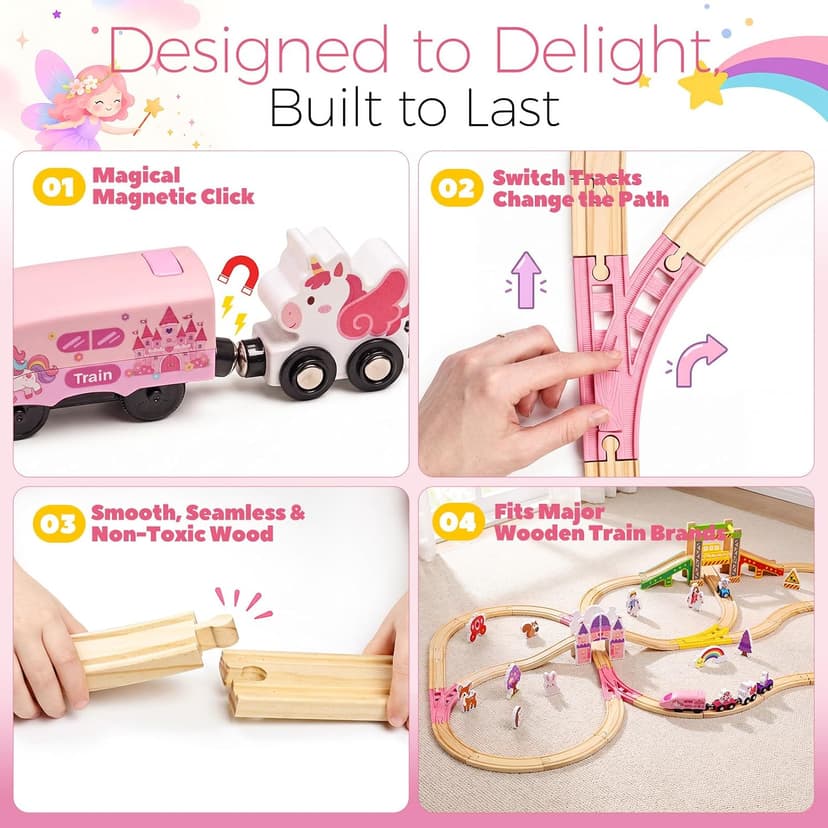 Pink Train Track Set Fairy Theme with Multiple Layouts, Birthday Gift Toys for Girls 3 4 5 6 Year Old Wooden Train Set Electric, 50 PCS Unicorn Princess Wood Track for Girls B0HDSGBW7S