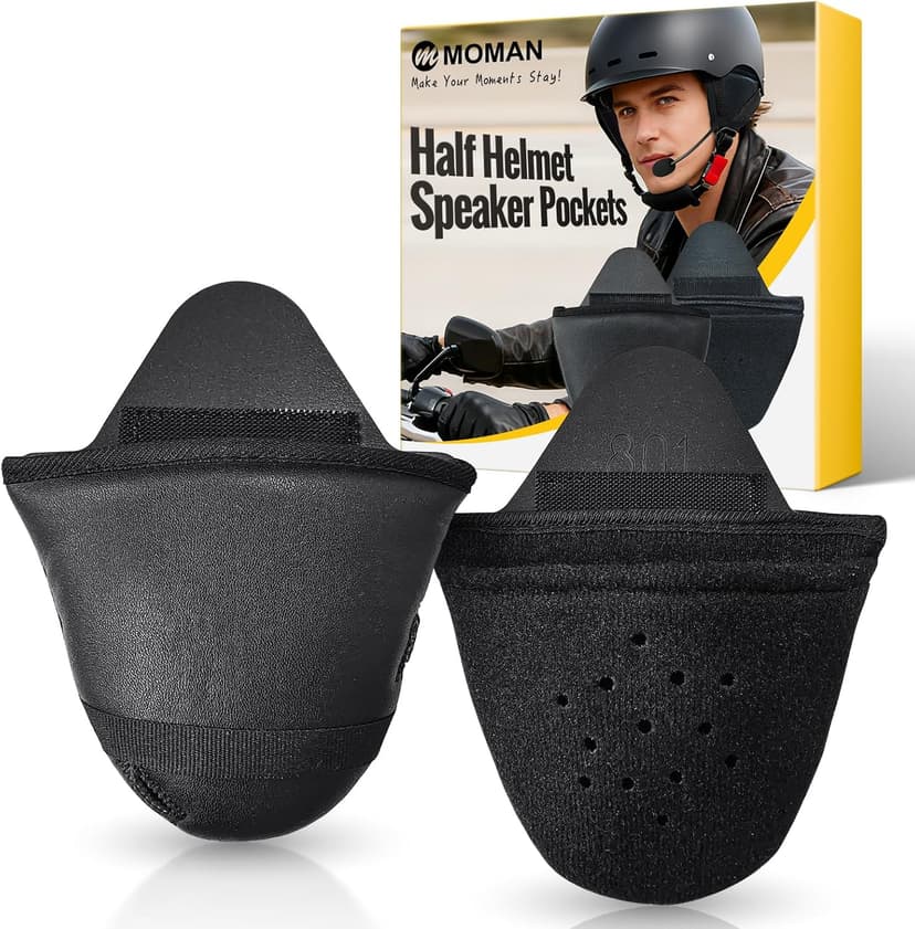Moman HEB Half Helmet Speaker Pockets, Ear Pads for Motorcycle Helmet Headset Motorbike Headphone Helmet with Narrow or Wide Straps Blocks Wind Noise & Cold
