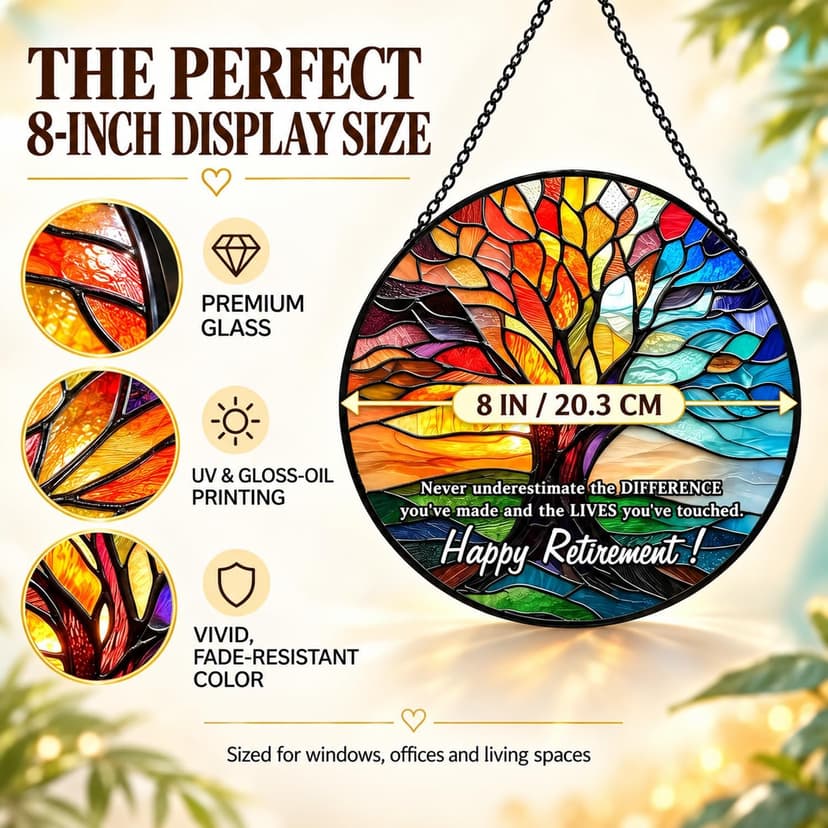Retirement Gifts for Women Men- 8 Inch Stained Glass Suncatcher - Retirement Gift for Woman - Window Hanging Decor - Retired Gifts for Teacher, Nurse, Coworker, Boss, Employee B0H28SS623