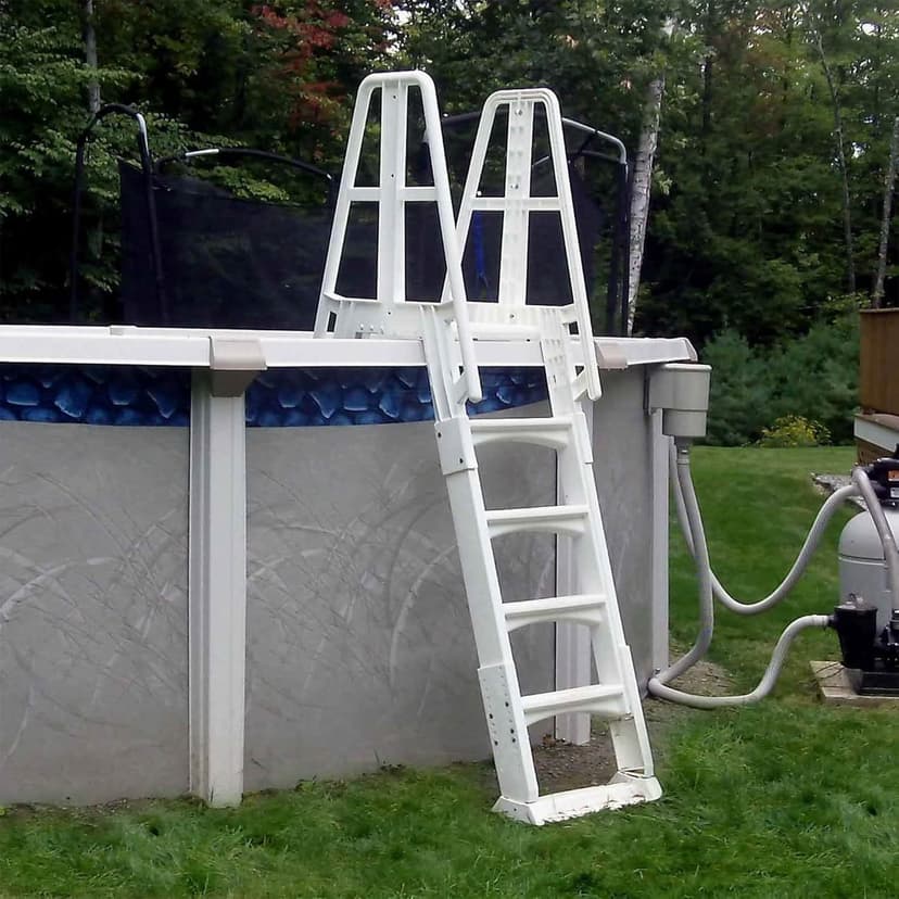 Vinyl Works SLA A-Frame 48 to 56 Inch Adjustable Above Ground Swimming Pool Ladder Entry System with Slide Lock Barrier and Handrails, White