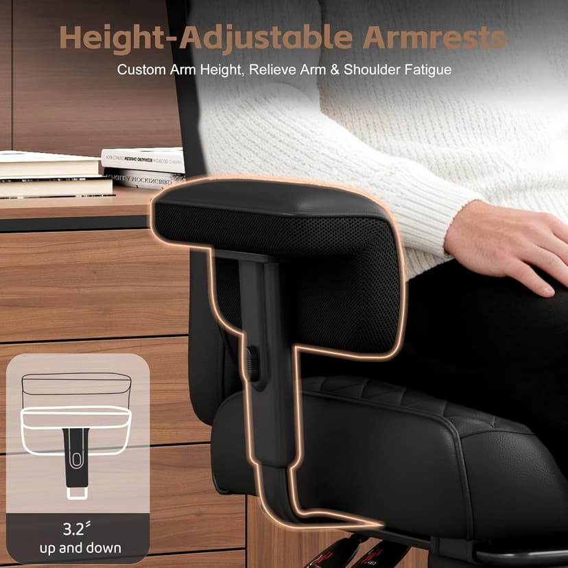 Vonesse Big and Tall Office Chair, Desk Chair with Soft Adjustable Armrests, Ergonomic High Back Gaming Chair with Lumbar Support, Executive Computer Chairs with Footrest (PU Leather, Black)