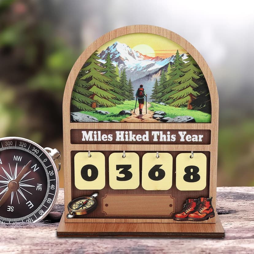 Wooden Mile Hike This Year Counter Rustic Cabin Decor Hiking Gifts for Women Men Hiking Accessories for Walking Enthusiasts Miles Hiked This Year Hiking Tracker Sign B0H394LD43