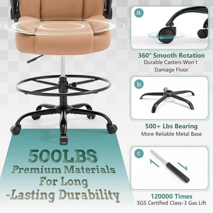 Ergonomic Drafting Chair, Tall Office Chair for Standing Desk, High Back Standing Desk Chair with Flip-Up Armrest, Adjustable Height&Foot Ring, Executive PU Leather Extended Height Office Chairs,Brown