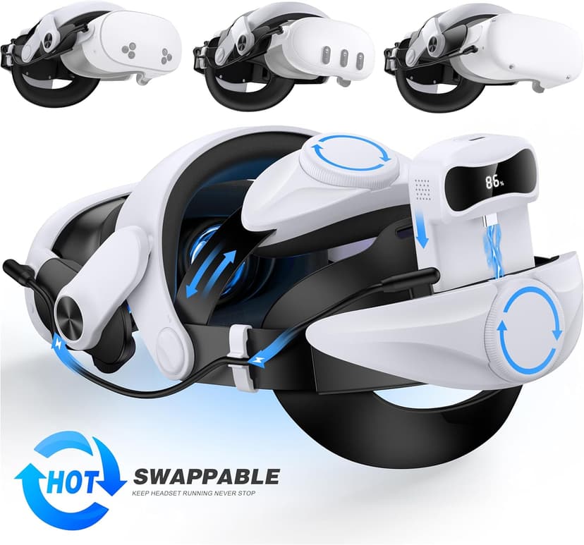 DXKK Battery Head Strap for Meta Quest 3/Quest 3s/Quest 2, VR Headset Strap with Soft Padding, Double Adjustment Dials Enhanced Comfort, Extra 3-4Hrs Playing Time