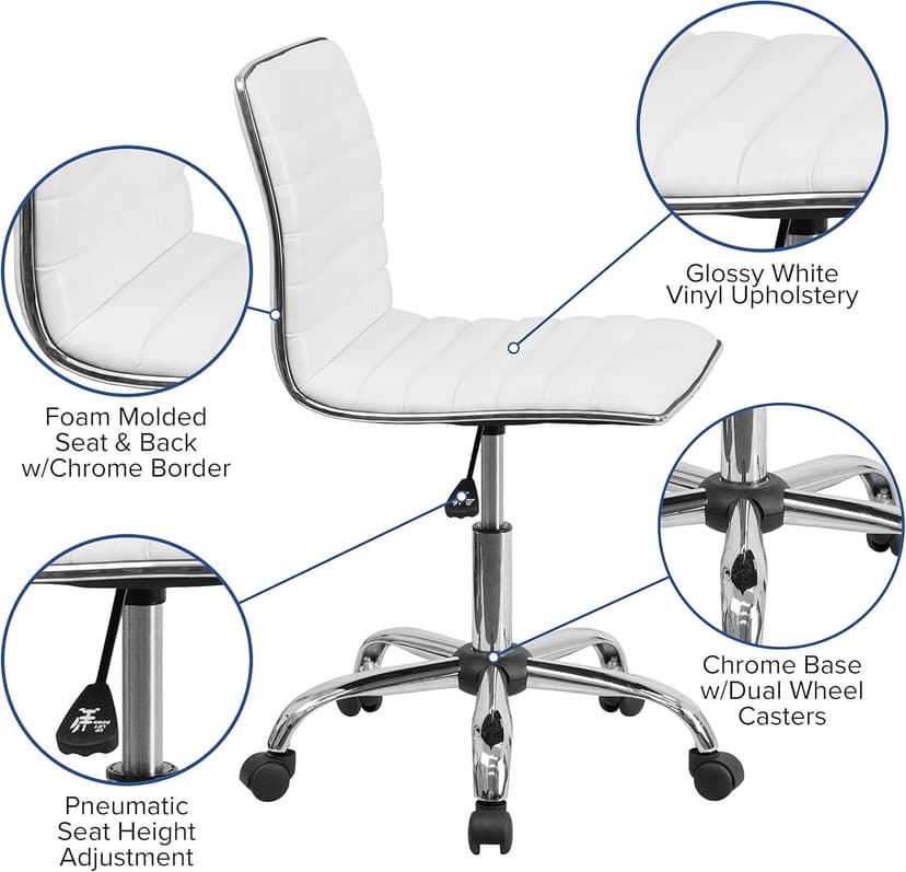 Flash Furniture Alan Low-Back Ribbed Upholstered Vinyl Swivel Desk Chair with Padded Seat, Modern Adjustable Height Padded Office Chair, White