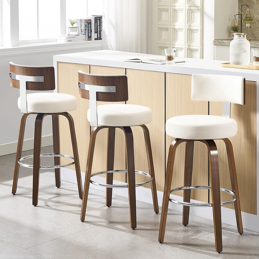 Bekrvio Swivel Counter Height Bar Stools Set of 3, Faux Leather Kitchen Stools Upholstered Barstools with Back, Walnut Wood Legs, Mid Century Island Chairs Counter Stools, 26" Seat Height, White