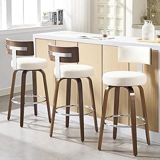 Bekrvio Swivel Counter Height Bar Stools Set of 3, Faux Leather Kitchen Stools Upholstered Barstools with Back, Walnut Wood Legs, Mid Century Island Chairs Counter Stools, 26" Seat Height, White