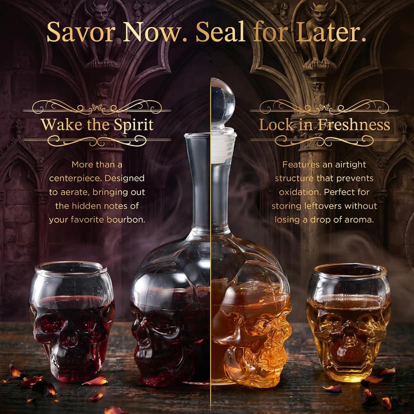 Spooky Skeleton Glass Decanter, Dark Academia Home Bar Decor & Man Cave, Cool Halloween Gifts for Men & Whisky Lovers Gothic Skull Whiskey Decanter Set, 34 oz, with 2 Rocks Glasses B0HC61CTR3