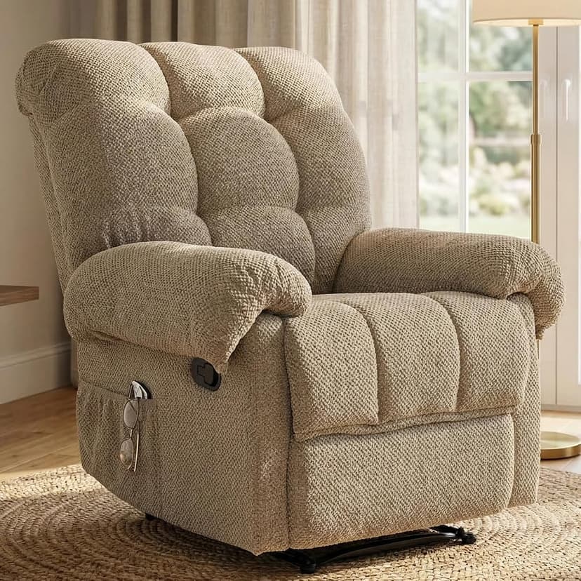 Comfy Recliner Chair for Elderly Seniors Adults, Overstuffed Manual Recliner, Ergonomic Back Pain Relief w/Pockets, Reading Apt Bedroom Living Room, Birthday Gift, Camel