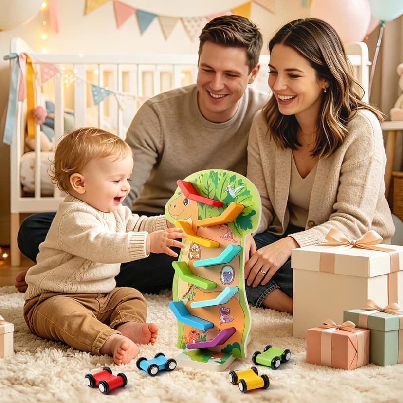 4 Mini Cars, 8 Level Race Track Car Truck, Car Toys for Toddlers 1-3, One 1st Birthday Gift Montessori Toys for 1 2 3 Year Old Boy, Dinosaur Wooden Car Ramp Race Track B0H7H5XWV5