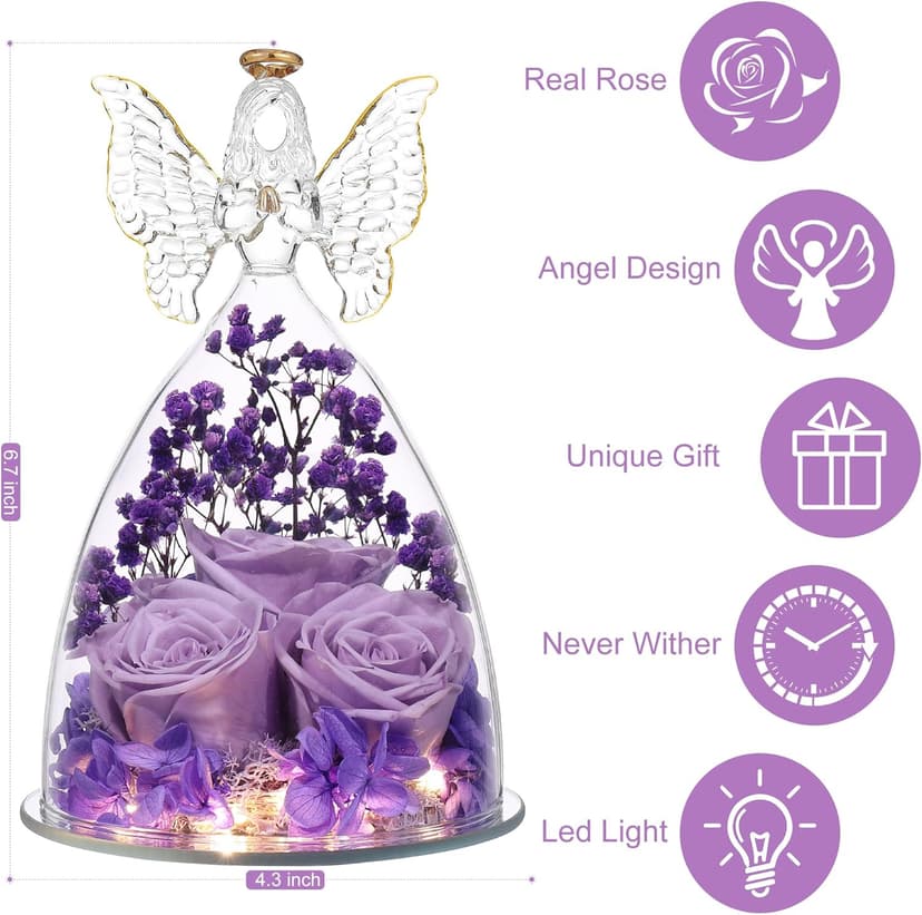 Mothers Day Mom Gifts for Women Preserved Flowers in Glass Angel Forever Flowers Gifts Eternal Roses Gifts for Grandma, Light Purple