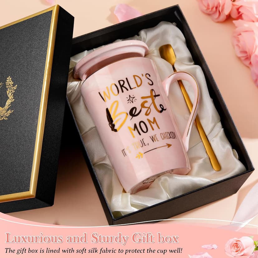 Unique Marble Gold Print Coffee Cup with Lid, Spoon, Greeting Card, Happy Moms Mothers Day Gifts Idea, Luxury Gift Boxed Set Birthday Gifts for Mom from Daughter Son, 14oz Funny Best Mom Mug, Pink B09Z7KFN1Y