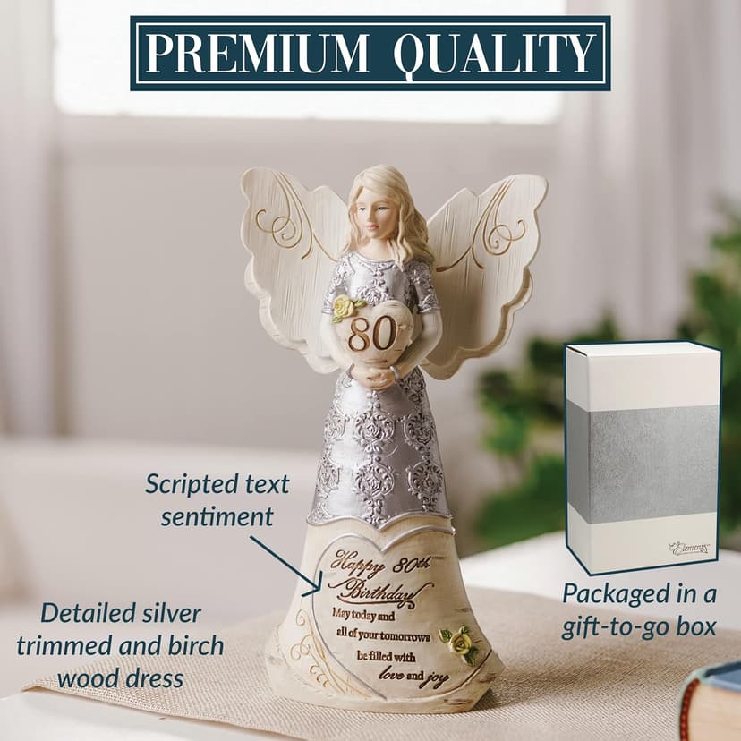 Pavilion 'Happy 80th Birthday' 82475 Elements Angels - Polyresin Birthday Angel Figurine - Silver Hand-Painted Remembrance and Keepsake Gift Angel for Grandmothers, Mothers, Aunts, Friends, Women