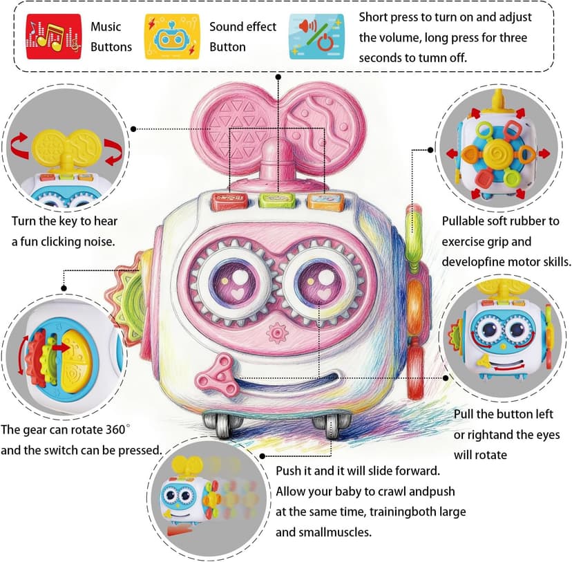 Montessori 6-in-1 Activity Cube, Lights & Sounds, Wheels for Tummy Time & Crawling Training, Birthday Gifts MoraBaby Toys for 1+ Year Old Girl, Musical Busy Cube for Toddlers 1-3 B0FVG81T31