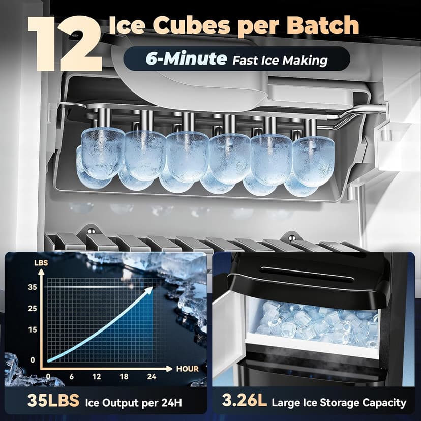 Tehanld Water Dispenser with Ice Maker, 4-in-1 Top Loading Water Cooler with Hot, Cold & Room Temp Water, 35lbs/Day Fast Ice Making, Child Safety Lock, Fits 2-5 Gallon Bottles for Home & Office