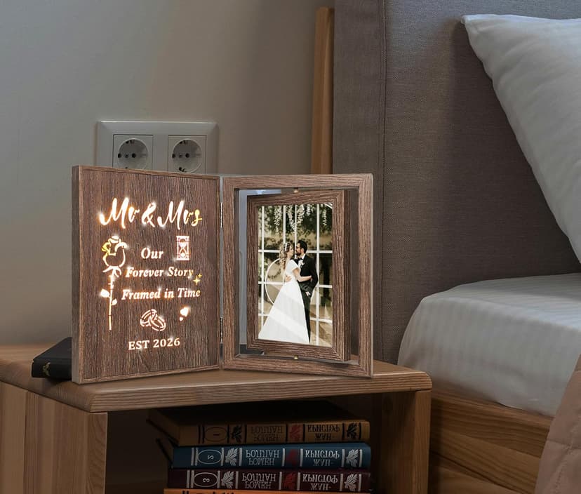 Bridal Shower Gifts for Bride Groom, Wood Wedding Photo Frames 4x6 for 2 Pictures EYITUPC Rotating Light Up Mr Mrs 2026 Wood Frame Bridal Shower Wedding Gift B0G1Y2DY35