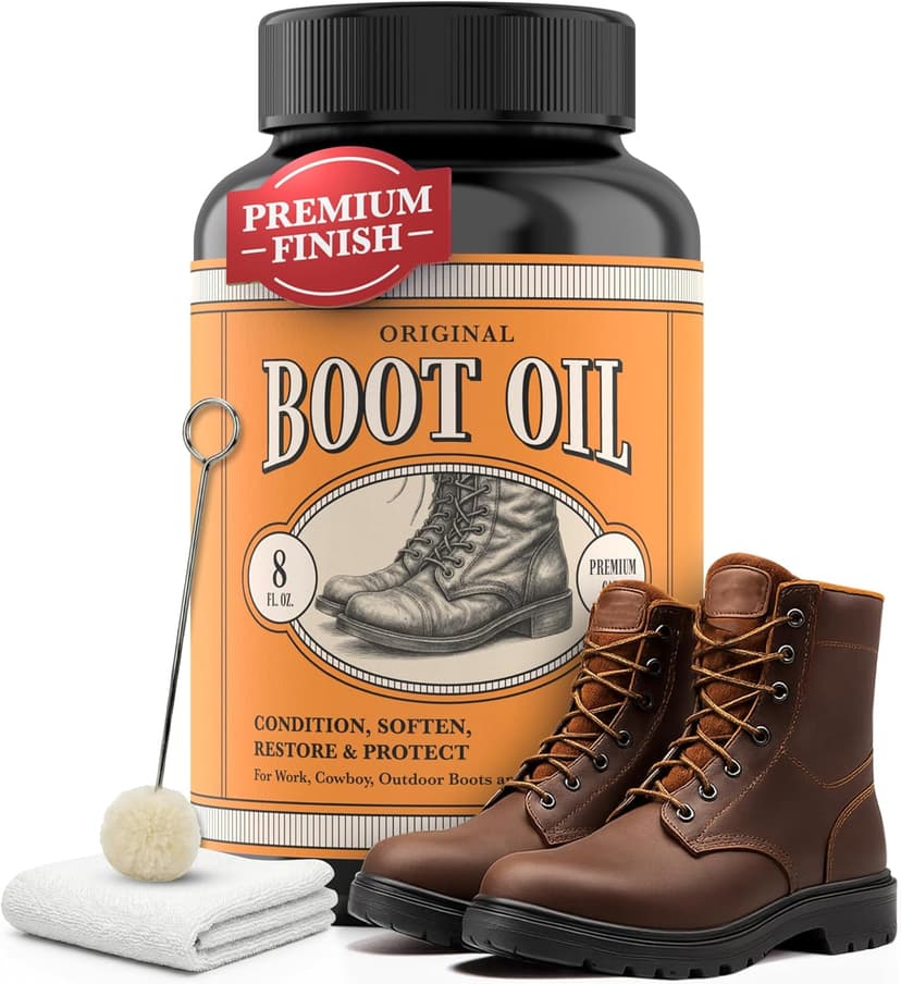 Leather Boot Oil for Work & Cowboy Boots – Deep-Conditioning Formula, Restore and Protects Dry, Cracked Leather, Complete Boots and Shoes Conditioner Care Kit w/ Applicator & Polishing Cloth 8oz