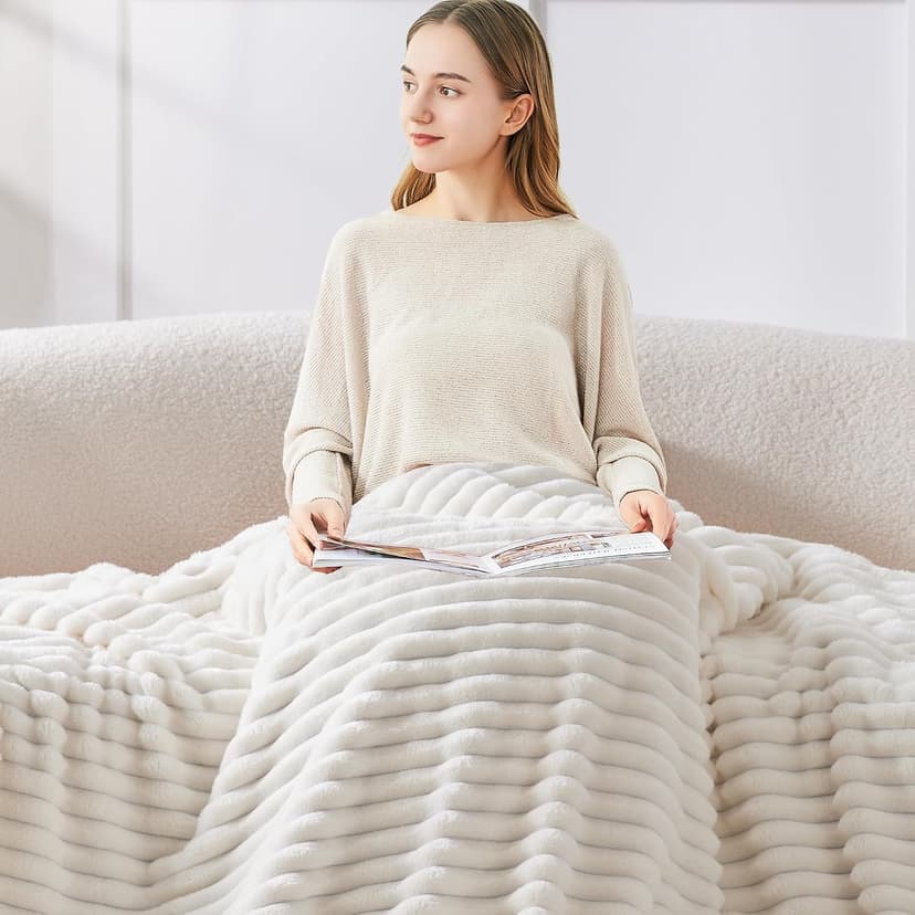 Ultra-Soft Plush Fleece, Cozy, Warm Yet Lightweight, Ribbed Texture, Home Decor, Machine Washable, Giftable, All-Season Use BEDELITE Ribbed Fleece Throw Blanket for Couch, Cream, 50"x60" B0CSFJR66V