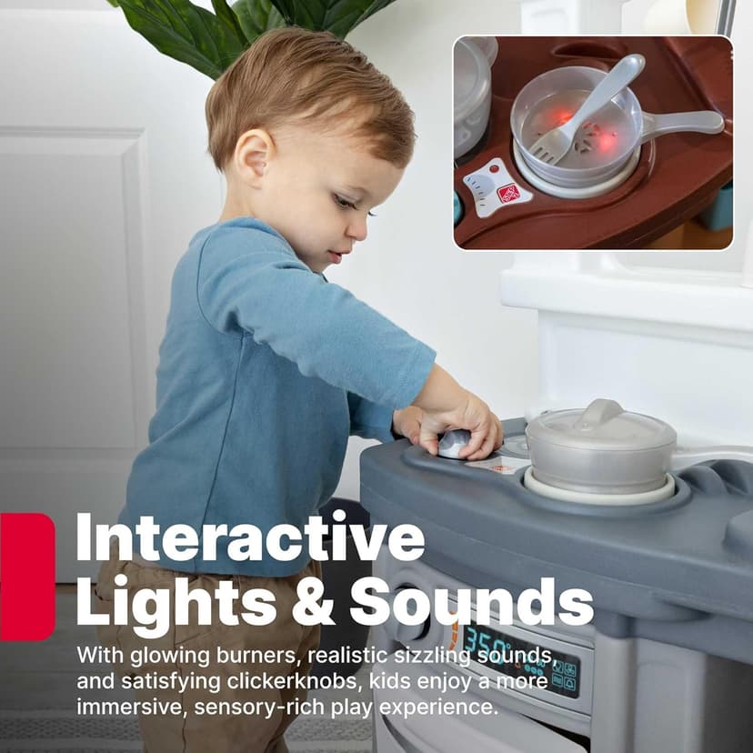 Step2 Fun with Friends Kids Kitchen Playset, Indoor/Outdoor Kitchenette with Lights & Sounds, Durable Plastic, 25-Piece Toy Accessories, Toddlers 2+ Years, Gray