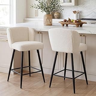 Modern Counter Height Bar Stools Set of 2, 26 Inch Faux Sherpa Upholstered Bar Stools with Back, 18" Seat Wide Island Stools with Black Metal Frame for Kitchen Counter/Breakfast Bar/Restaurant, White
