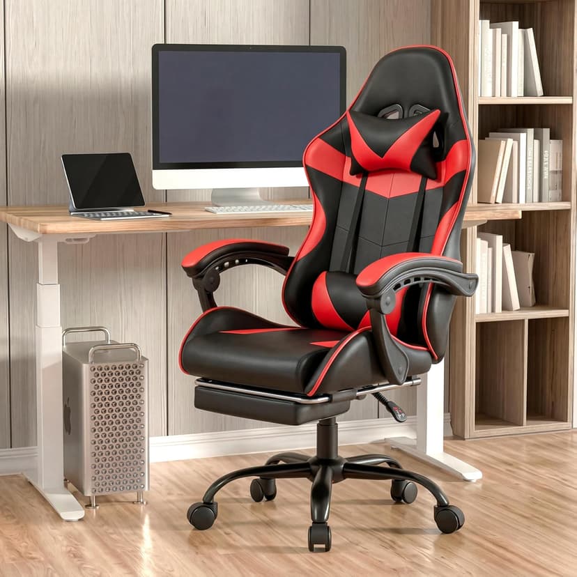 Gaming Chair, Ergonomic Computer Chair with Footrest and Lumbar Support, Height Adjustable Office Chair with 360° Swivel Seat and Headrest (Red & Black)