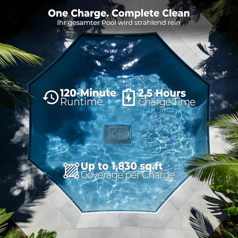Cordless Robotic Pool Cleaner, 5,000 GPH with 150μm Filter, Floor/Wall/Waterline Cleaning, Smart Zigzag Navigation, 5,200mAh Battery, App-Controlled Presets for Inground & Above Ground Pools