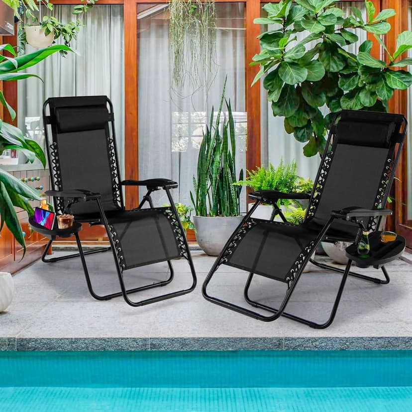 Goplus Zero Gravity Lounge Chairs, 160°Adjustable Folding Recliner w/Pillow and Cup Holder, 350LBS Comfy Outdoor Lounge Chairs for Patio, Lawn, Yard & Camp(1, Black)