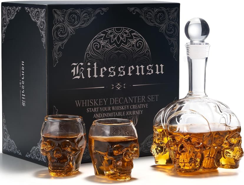 Spooky Skeleton Glass Decanter, Dark Academia Home Bar Decor & Man Cave, Cool Halloween Gifts for Men & Whisky Lovers Gothic Skull Whiskey Decanter Set, 34 oz, with 2 Rocks Glasses B0HC61CTR3