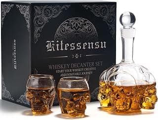 Spooky Skeleton Glass Decanter, Dark Academia Home Bar Decor & Man Cave, Cool Halloween Gifts for Men & Whisky Lovers Gothic Skull Whiskey Decanter Set, 34 oz, with 2 Rocks Glasses B0HC61CTR3
