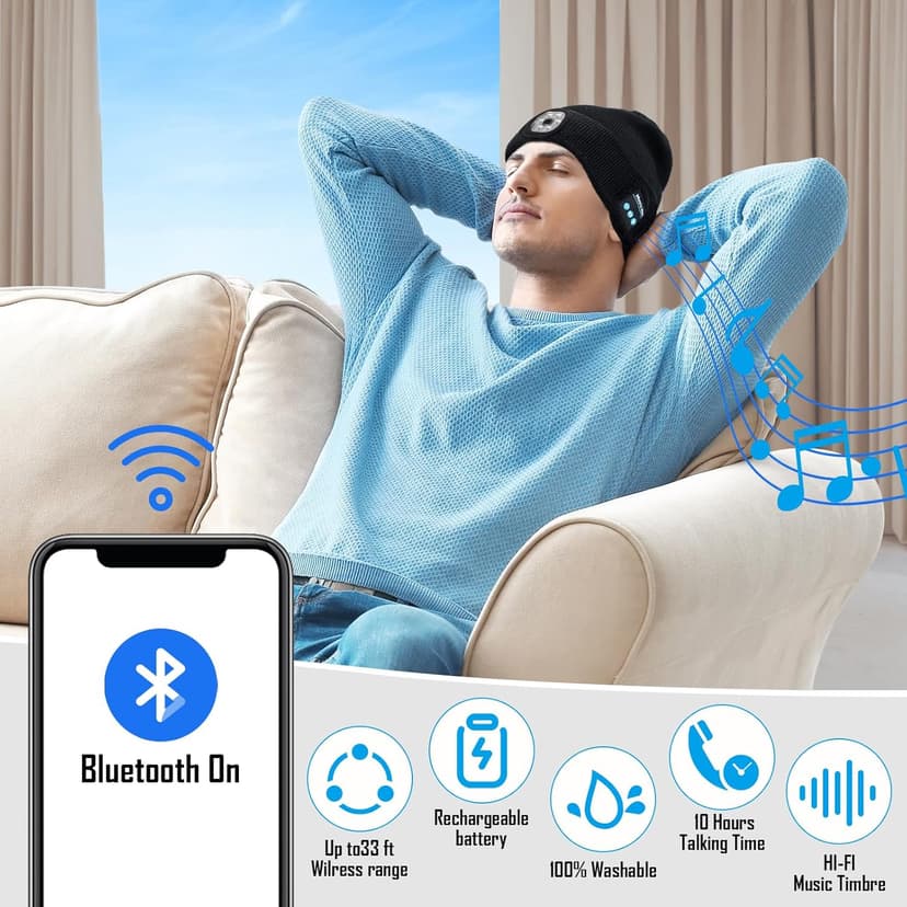 Stocking Stuffers Gifts for Men, LED Bluetooth Beanie Hat, Christmas Birthday Gifts for Men Dad Him Husband Grandpa, White Elephant Gifts for Adults, Camping Hiking Accessories Cool Gadgets