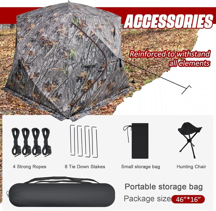Wide Bottom Hunting Blind 1-3 Person with Portable Chair, 270 Degree See Through Pop up Ground Blinds for Deer Turkey Duck Hunting, Bow Hunting Adjust Windows with Silent Zipper