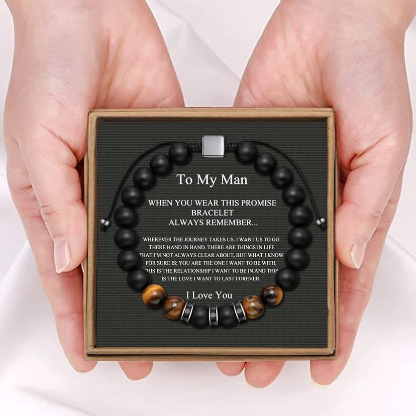 JoycuFF Gifts for Men Natural Tiger Eye Black Matte Agate Bracelets, Christmas Birthday Gifts for Boyfriend Husband Brother from Girlfriend Wife, To My Man Bead Bracelets