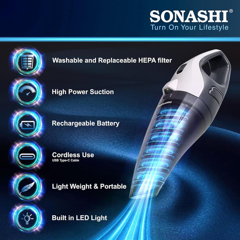Sonashi Handheld Wet Dry Vacuum Cleaner 6000PA Suction, Dual HEPA Filters, Quick USB Charging - Portable for Automobile and Home Cleaning LED Light Portable Vacuum Cordless