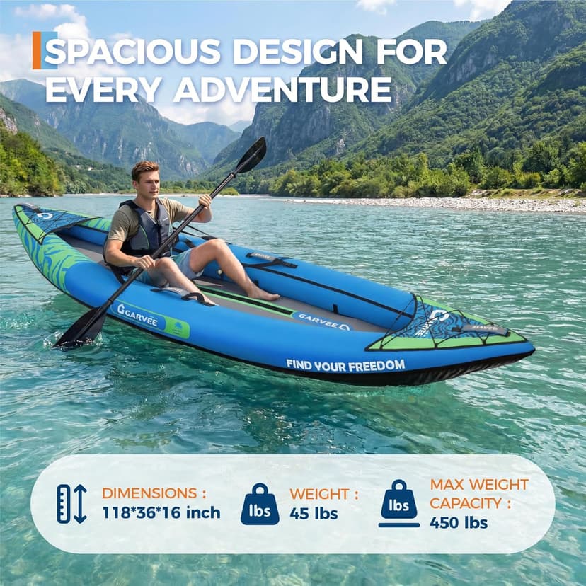 2 Person Inflatable Kayak，Fishing Kayak for Adults, Portable Touring Kayaks with Padded Seat, 3 Fins, Hand Pump, Carry Bag, Repair Kit，12.5FT/450 LBS Weight Capacity