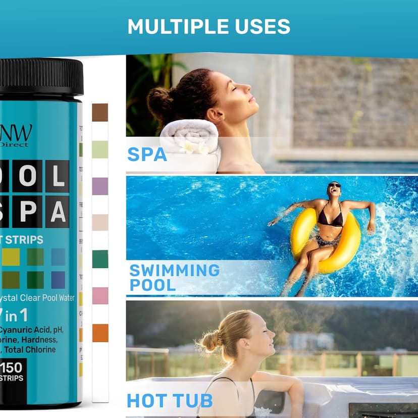 JNW 7-in-1 Pool Test Strips, 150 Quick & Accurate Test Strips for Pool Water, Spa Test Strips for Hot Tub, Chlorine Test Strips, Bromine, pH, Alkalinity, Hardness & More - Swimming Pool Test Kit