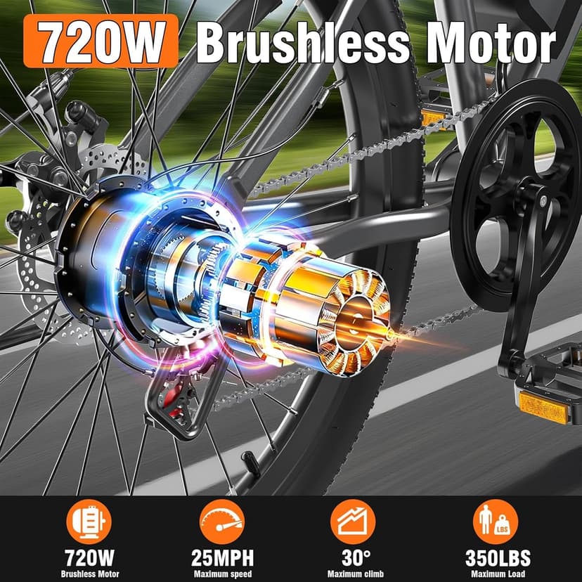 Electric Bike for Adults, 26" Commuter Ebikes with 7-Speed Gears, 25MPH Lightweight E Bike, 720W Peak Motor, 375Wh Removable Battery, 50 Miles Range, Electric Mountain Bicycle for All Terrain