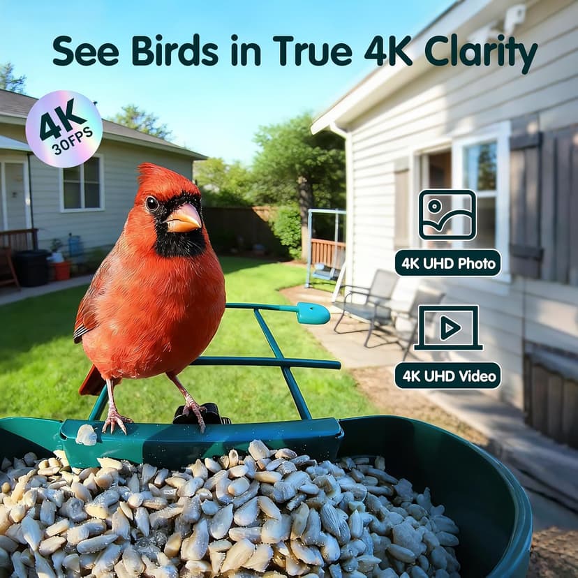 4K Ultra HD Video with Live View,10x Slow Motion,AI Smart Bird Feeder with Camera,2.4G/5G Wi-Fi,Durable Metal,Bird Lover Gift 4K Smart Bird Feeder with Camera,No Subscription,Solar Powered B0FMDP272Y