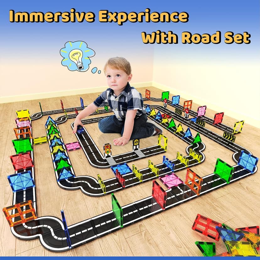 Magnetic Tiles - Road Set, Magnetic Building Blocks, Preschool Montessori Toys Gift for 3+ Year Old Boys and Girls, Sensory Christmas Toys for Kids Aged 3-5 and 4-8, Ideas for Toddler with Autism