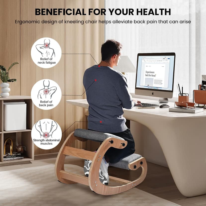 Easyego Kneeling Chair Ergonomic Posture Chair, Wood Adjustable Rocking Knee with Soft Padding, Natural Relief for Neck or Back Pain for Home Office, Max Load 300 lb - Gray