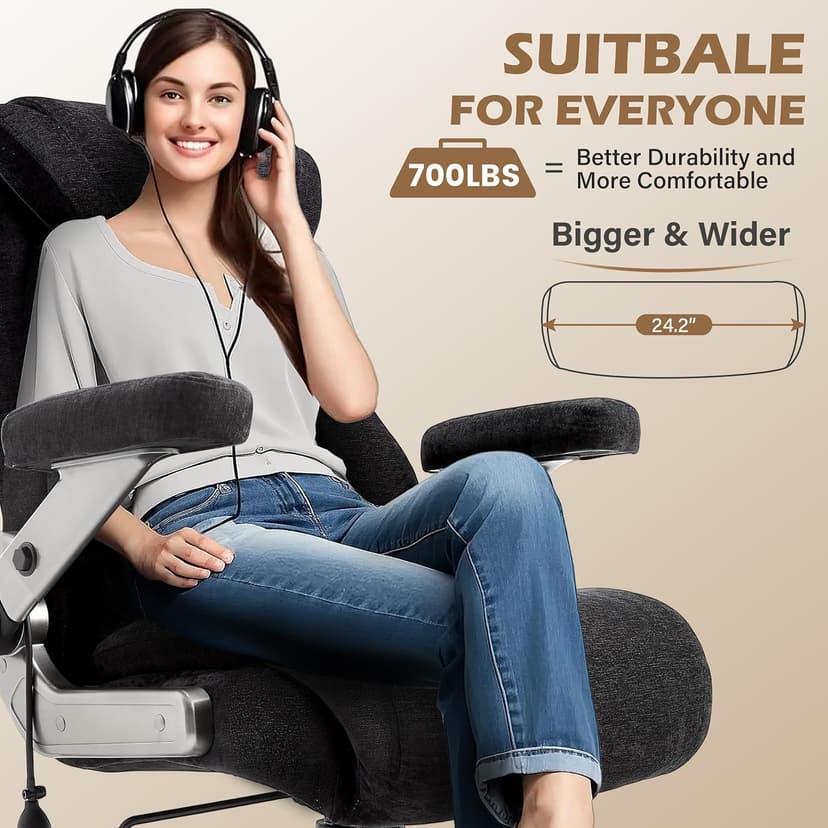 Fabric 700lbs Big and Tall Office Chair, Ergonomic Heavy Duty Executive Cloth Office Chair with 5D Flip Arms & Adjustable Lumbar Support & Dual Rubber Wheel, Large Thick Padded Extra Wide Seat, Black