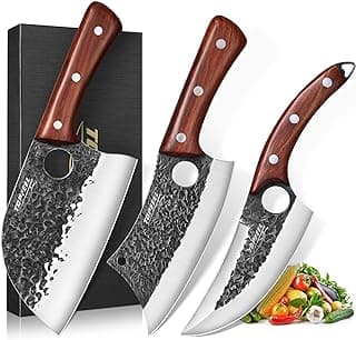3PCS Butcher Knife Set, Hand Forged Serbian Chef Knives & Meat Cleaver & Viking Knives, Meat Cutting Kitchen Knife Set for Home, Outdoor Cooking, Camping BBQ Gift Idea Men