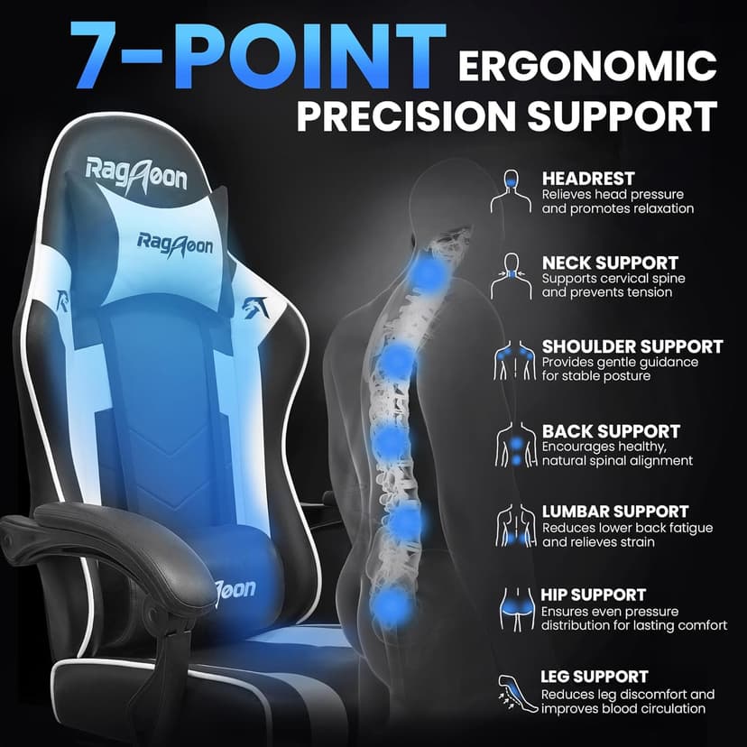 Gaming Chair for Adults Gamer Game - Ergonomic Gaming Chair with Footstool, Headrest, and Lumbar Support Height Adjustable Leather Game Chair’s 200 KG Load Bearing Capacity White