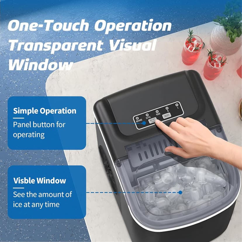 Ice Maker Countertop, 26lbs in 24Hrs, 9 Ice Cubes Ready in 6 Mins with 2 Sizes of Bullet Ice, Auto-Cleaning Portable Ice Maker with Scoop & Basket, for Home/Kitchen/Camping/RV. (Black)