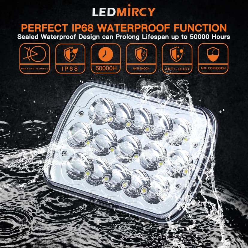 LEDMIRCY H6054 LED Headlights, 5x7 LED Headlights Rectangular 2PCS 90W High Low Sealed Beam Square 7x6 Headlight DOT Approved for Truck Chevy Cherokee Tacoma Ford Van Sedans H5054 H6014 H6052 6053
