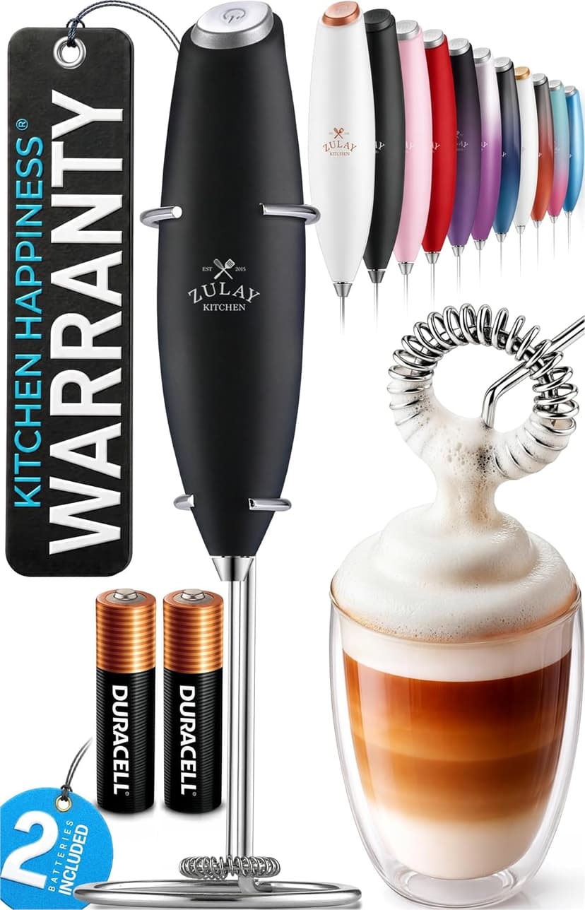 Zulay Kitchen Powerful Milk Frother Wand With Duracell Batteries - Ultra Fast Handheld Drink Mixer - Electric Whisk Foam Maker for Coffee, Lattes, Cappuccino & Matcha - Z1 Motor - Black B09D8T11YS