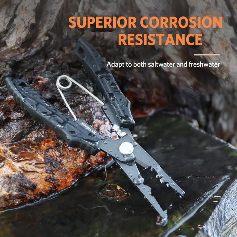 Hathever Saltwater Fishing Pliers, Split Ring Pliers for Fishing with Safety Lock, Fish Pliers with Sheath and Lanyard, Fishing Gifts for Men