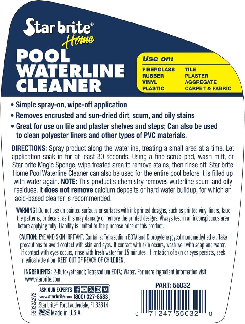 STAR BRITE Home Pool Waterline Cleaner (32 oz Spray) - Scum Remover for Pool Liners, Tiles & Fiberglass Waterlines