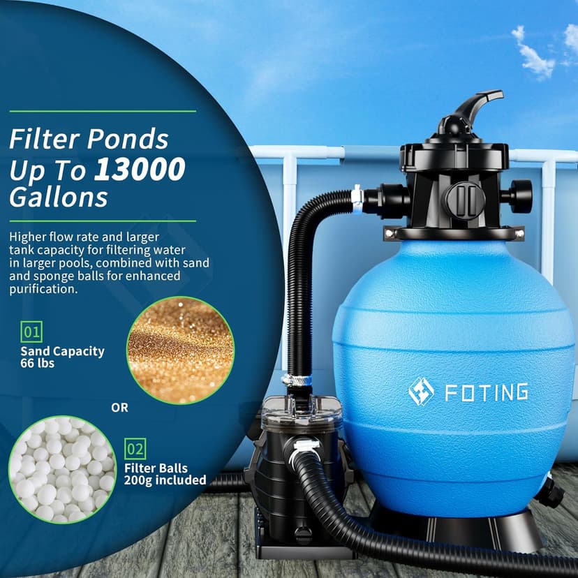 FOTING Sand Filter Pump for Above Ground Pool, Pool Sand Filter with Timer, 7-Way Multi-Port Valve, Pool Pumps Above Ground, 13in 1HP 3800GPH for 13000GAL Pool